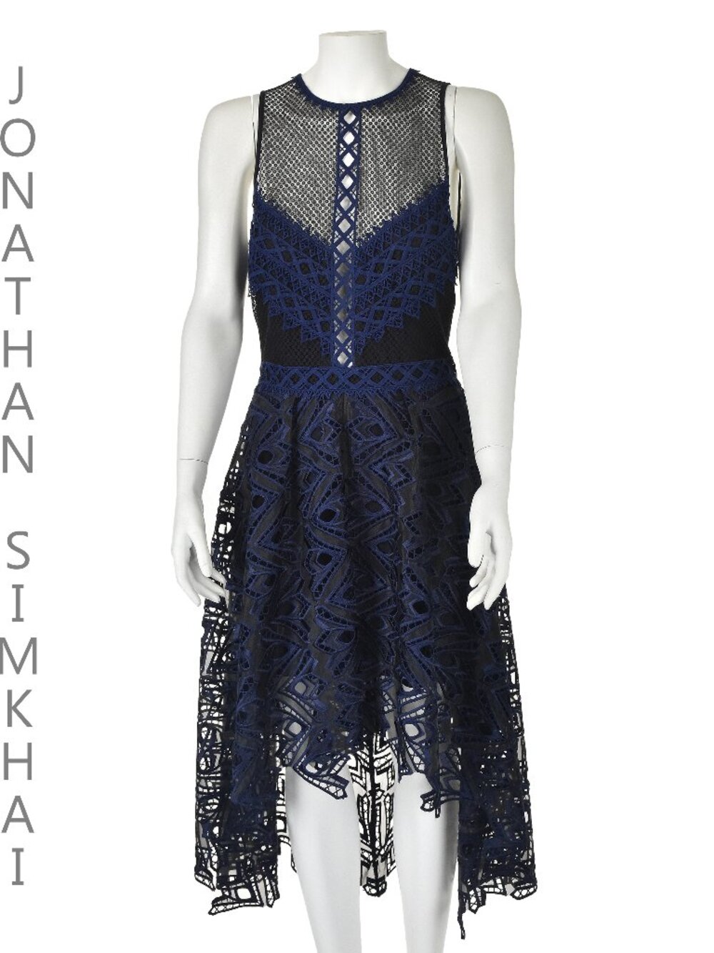 JONATHAN SIMKHAI Blue and Black Lace Fit & Flare Midi Dress, SZ 6